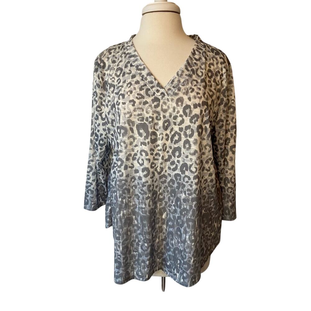 Womens L New Ruby‎ Rd Chic Casual Leopard Print 3/4 Sleeve Soft Tunic Top Gray